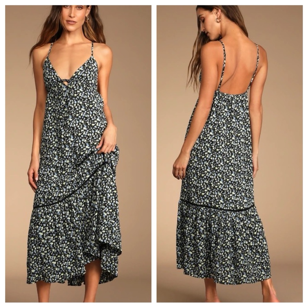 NWT Lulus Black Floral Print Sleeveless Maxi Dress Size M Farmgirl Cottagecore